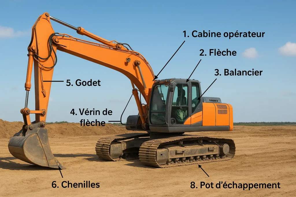 Vue latérale d’une pelleteuse hydraulique sur chantier, avec flèches numérotées indiquant les principaux éléments : cabine opérateur, flèche, balancier, godet, vérin de flèche, chenilles, contrepoids et pot d’échappement.