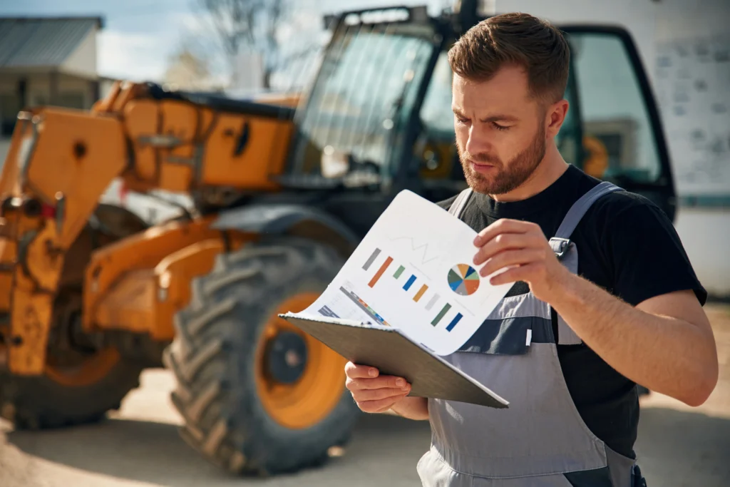 Technicien analysant rapport maintenance chargeuse BTP chantier