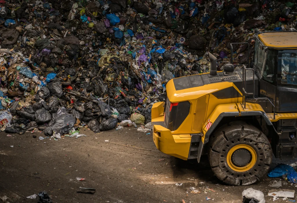 Chargeuse BTP jaune travaillant sur site de recyclage et gestion des déchets illustrant l'économie circulaire