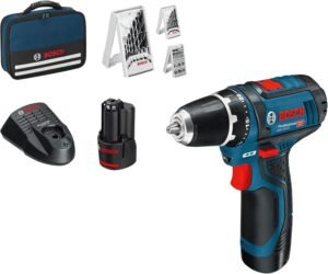 Pack complet Bosch GSR 12V-15 avec perceuse, batteries, chargeur, sacoche et accessoires