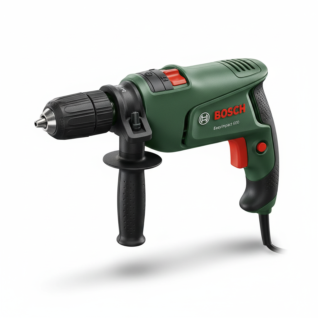 Perceuse à percussion électrique Bosch EasyImpact 600 de 600W avec mandrin automatique et poignée ergonomique sur fond blanc