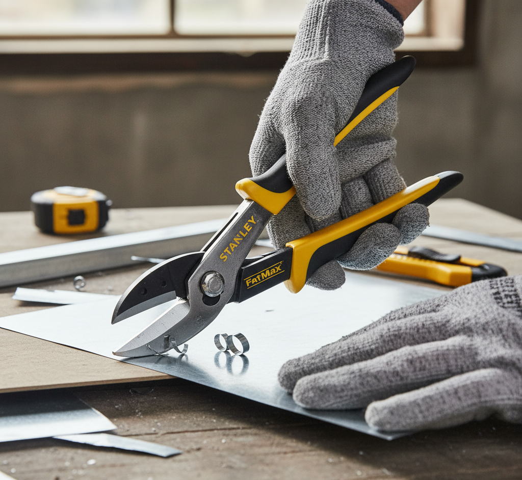 Cisaille Stanley FATMAX 2-14-563 en action découpant précisément de la tôle galvanisée avec système double pivot et lames chromées AlTiN