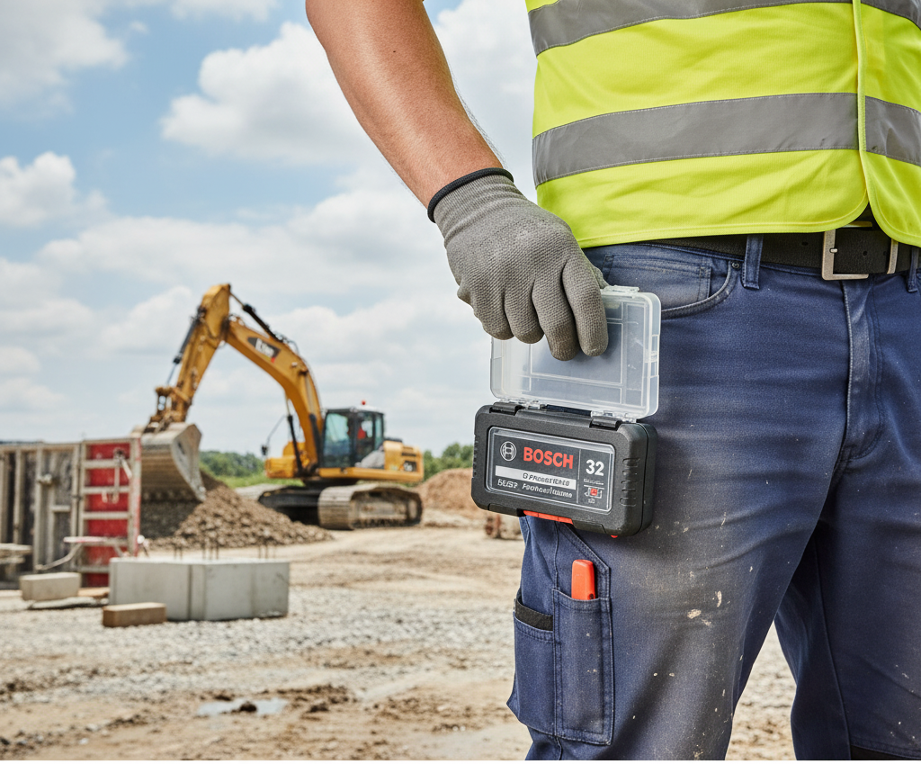 Coffret Bosch 32 embouts en utilisation réelle sur chantier BTP avec clip de ceinture