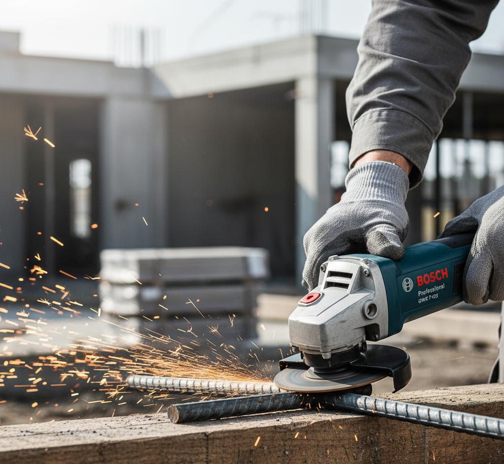 Meuleuse angulaire Bosch Professional GWS 7-125 en action lors de la découpe de ferraille sur chantier BTP
