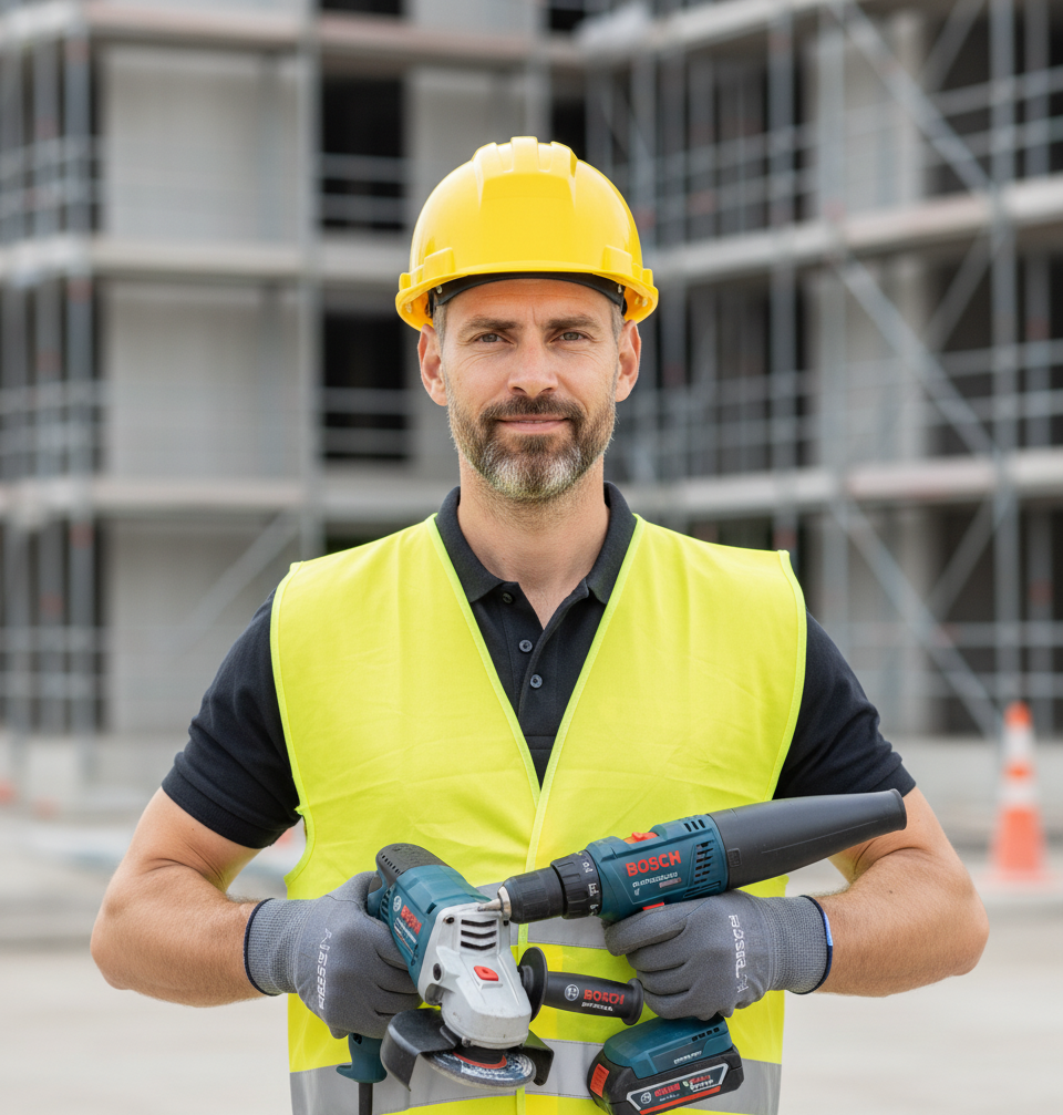 Expert BTP testant trois outils Bosch Professional sur chantier : meuleuse GWS 7-125, perceuse GSR 12V-15 et souffleur GBL 18V-120
