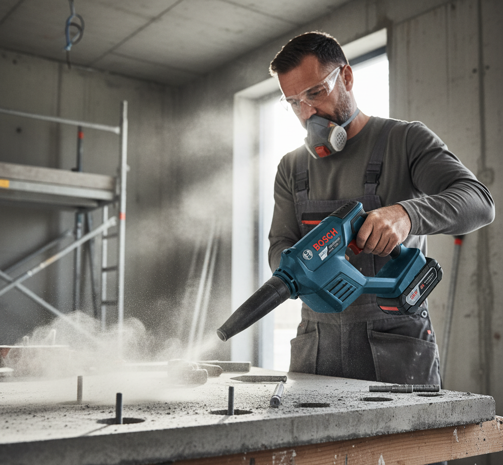 Souffleur sans-fil Bosch Professional GBL 18V-120 utilisé pour nettoyer la poussière de perçage sur un chantier BTP
