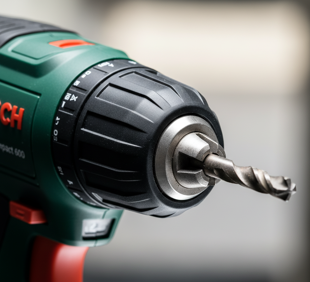 Gros plan du mandrin automatique double bague 2-13mm de la perceuse Bosch EasyImpact 600 avec mèche de perçage