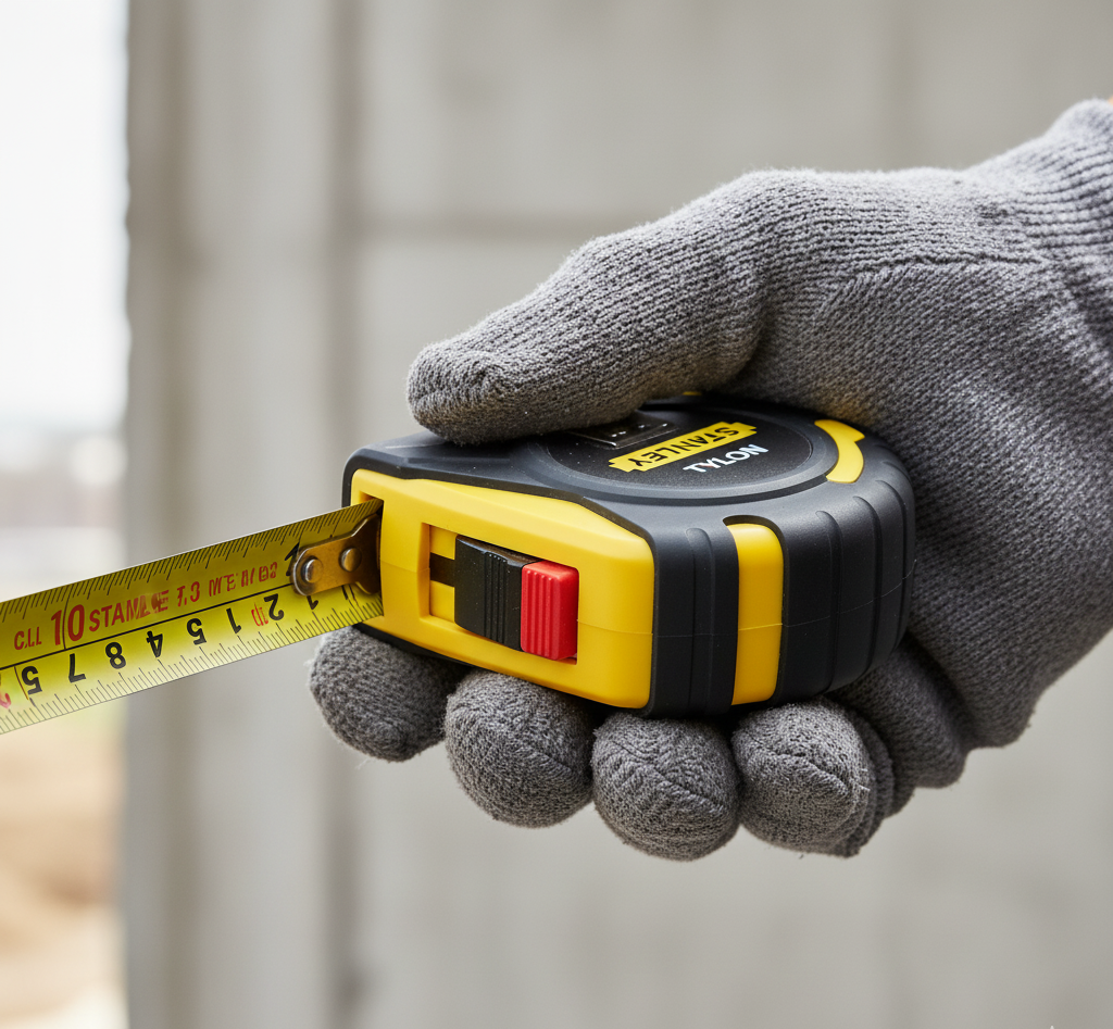 Main d'ouvrier BTP utilisant le mètre ruban Stanley Tylon 8m avec boîtier bi-matière et système de blocage sur chantier
