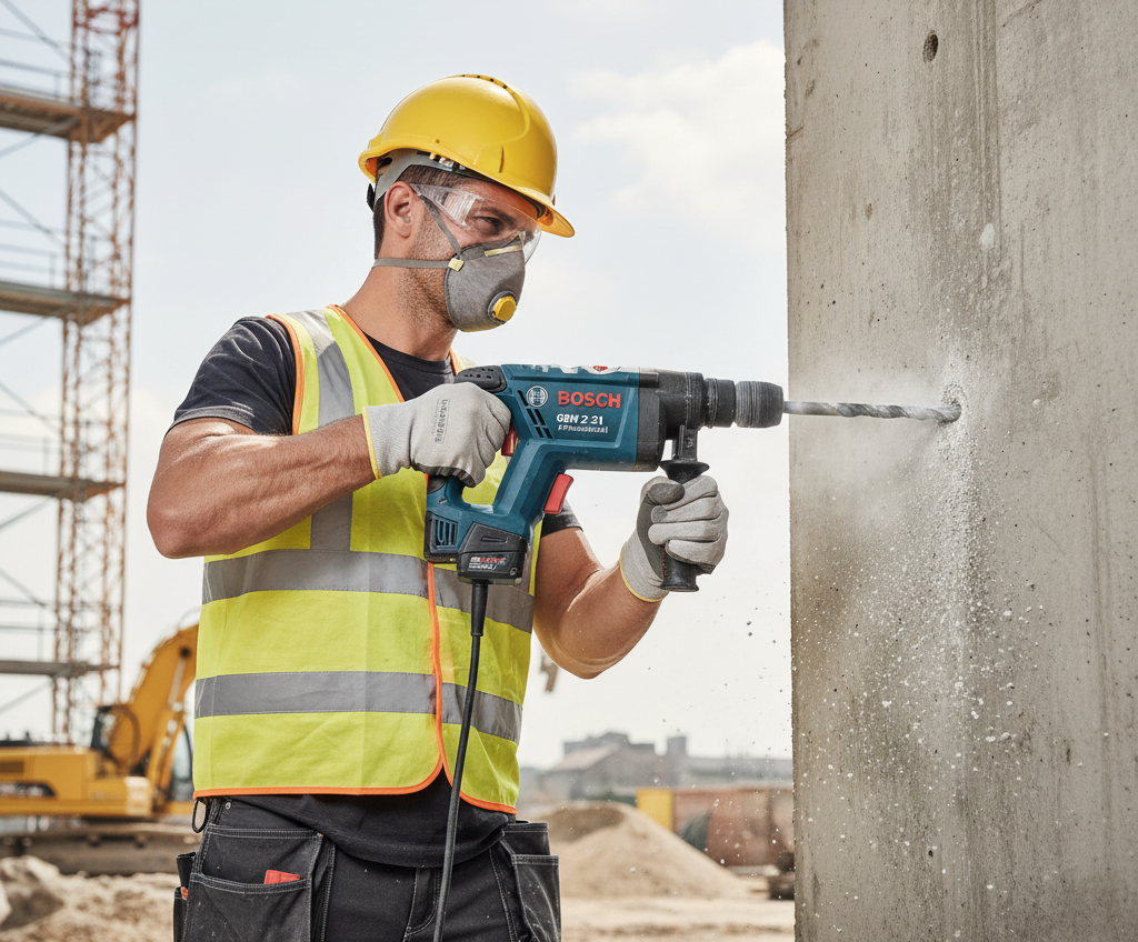 Perforateur Bosch GBH 2-21 en utilisation réelle perçage béton sur chantier