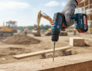 Perceuse Bosch GSR 12V-15 en utilisation réelle sur chantier de perçage bois