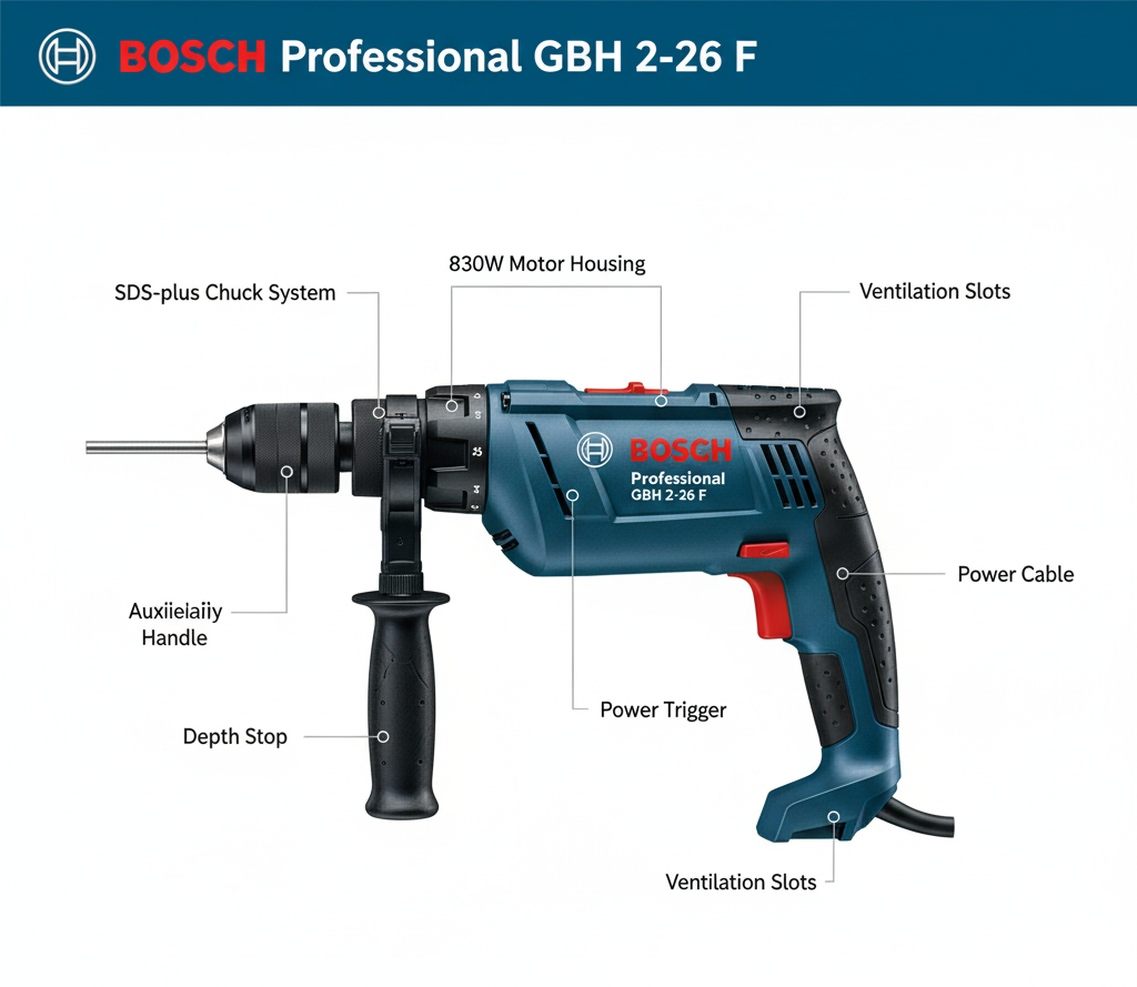 Schéma technique annoté du Bosch GBH 2-26 F montrant les composants : moteur 830W, mandrin SDS-plus, poignée auxiliaire, butée profondeur, système ventilation