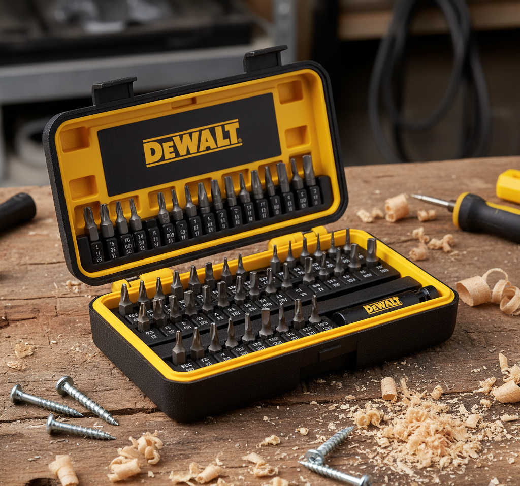 Coffret DEWALT DT7969 32 embouts vissage avec porte-embout magnétique changement rapide ouvert sur établi
