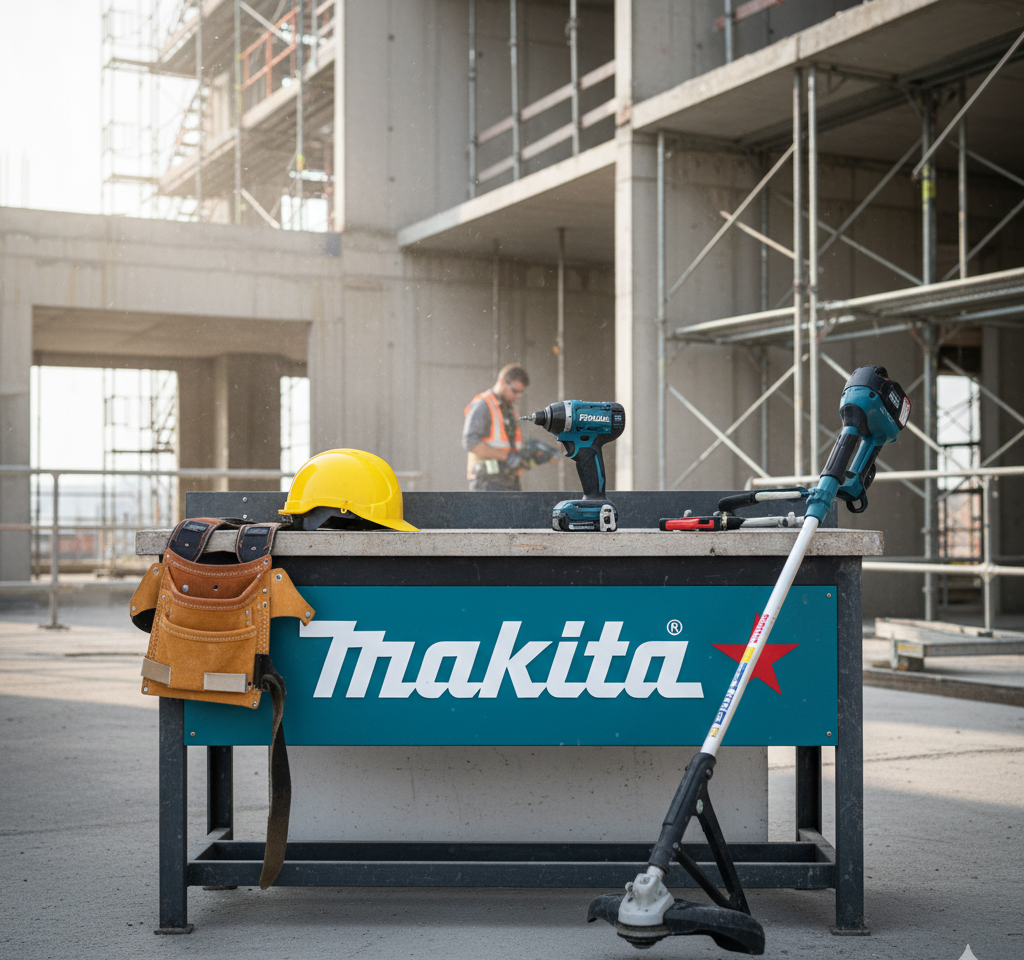 xpert BTP testant des outils Makita professionnels sur chantier avec perforateur et coupe-bordure LXT 18V