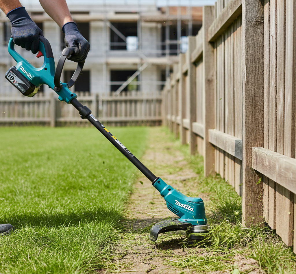 Coupe-bordure Makita DUR193Z 18V en utilisation sur chantier, largeur de coupe 260mm, système LXT batterie