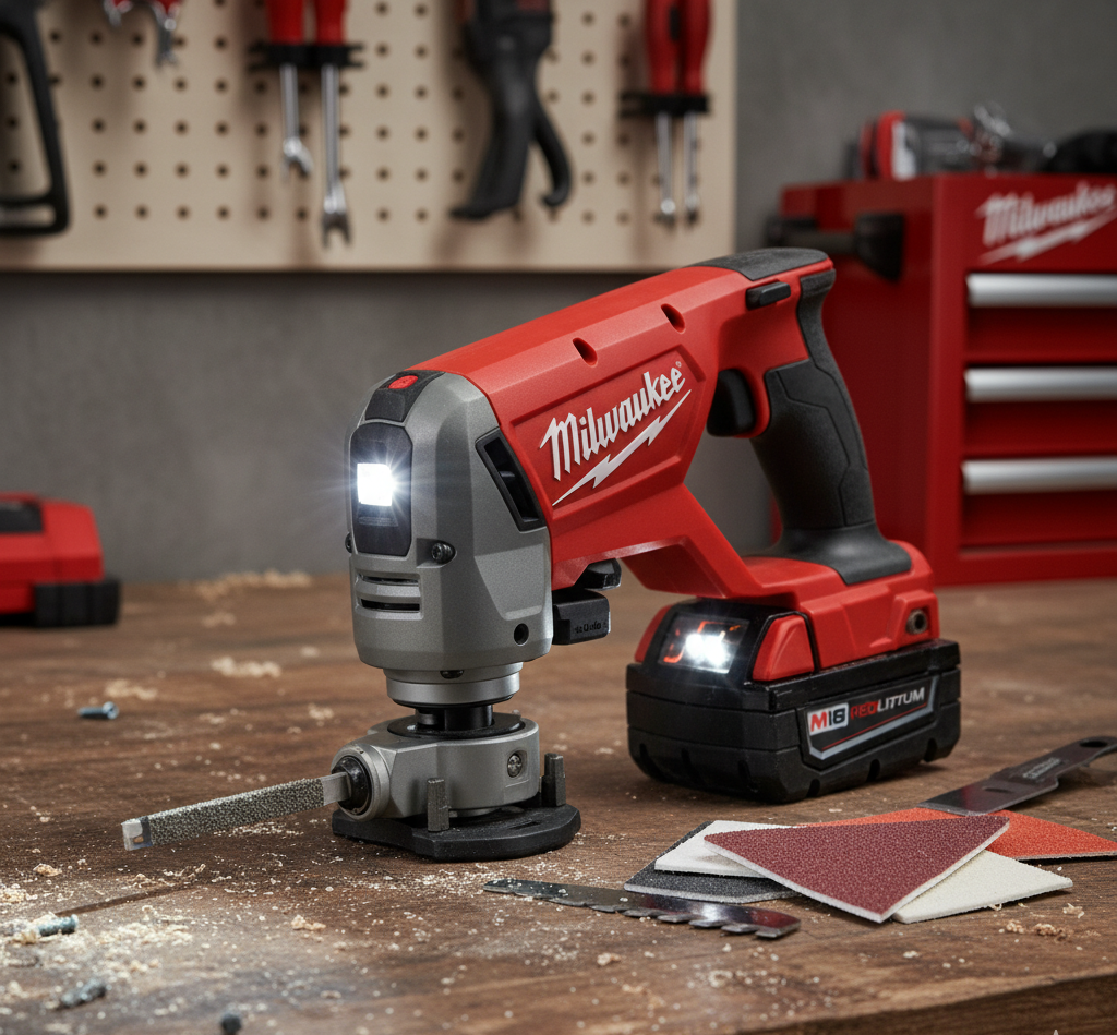 Outil multifonction Milwaukee M18 avec batterie lithium-ion 18V et accessoires de coupe ponçage