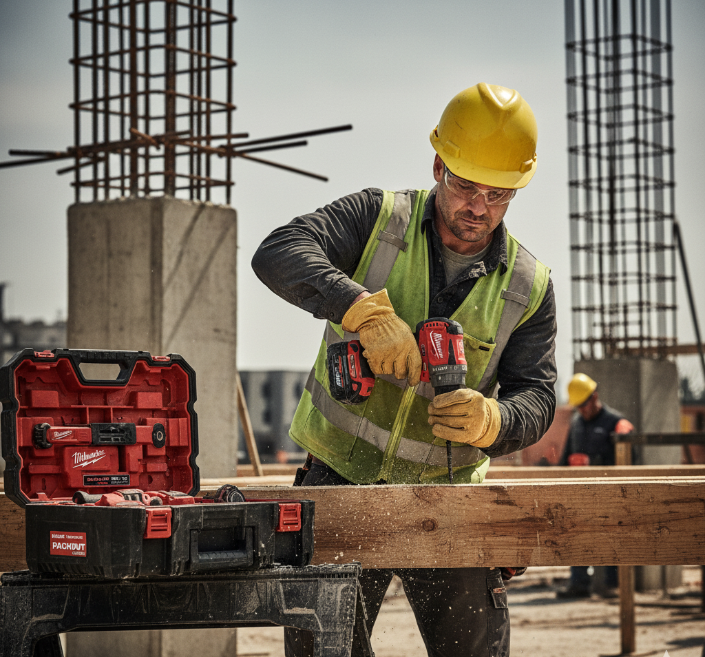 Professionnel BTP utilisant outillage Milwaukee M18 sur chantier en conditions réelles