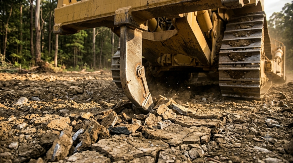 "Close-up ground level photography of bulldozer ripper attachment in action, single shank ripper penetrating hard rocky compacted soil, massive steel shank and tungsten carbide tip visible with freshly ripped rock fragments scattered around, dusty dry terrain, dramatic side lighting highlighting steel wear and soil fracture lines, Caterpillar D8 bulldozer tracks visible in background, photorealistic heavy equipment photography, 16:9 ratio, no people visible" `--ar 16:9 --style raw --v 6`