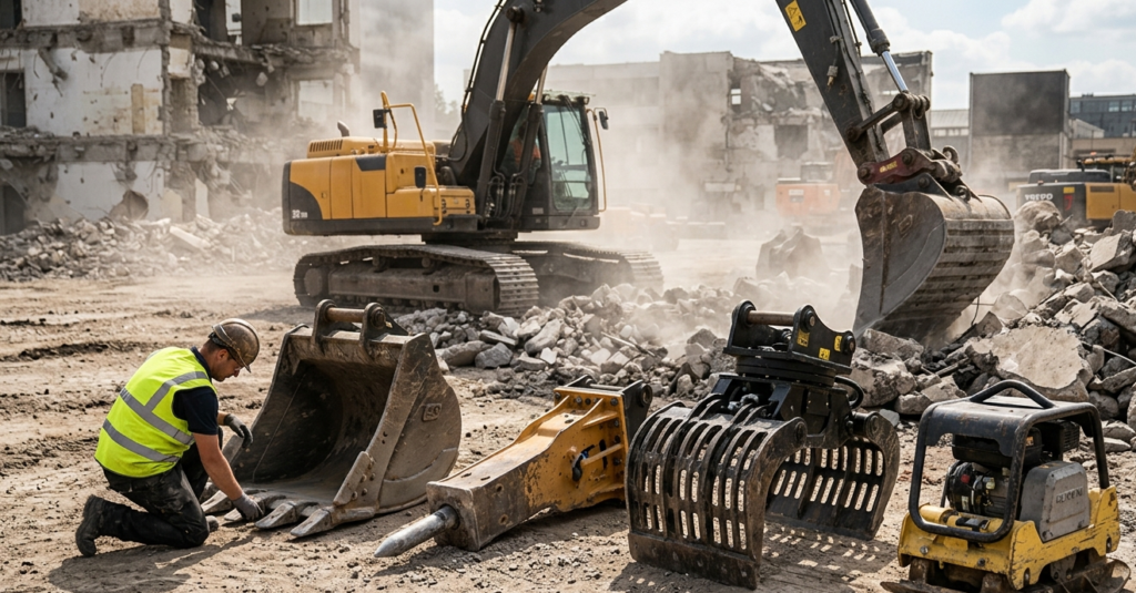 A professional construction site showing multiple excavator attachments laid out on the ground — standard bucket, hydraulic hammer, hydraulic grapple, compactor plate — with a 20-ton excavator in the background on a demolition site, worker in high-visibility vest inspecting a bucket, natural daylight, dust and debris atmosphere, photorealistic, cinematic photography, 16:9