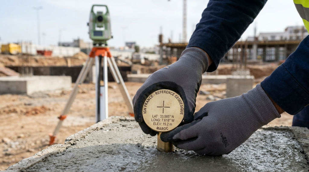 "Professional technical photography of surveyor's hands placing a precision geodetic benchmark brass marker into concrete foundation, IGN reference point visible with engraved coordinates, surveying tripod and total station in soft focus background, natural daylight, realistic field surveying photography, 16:9 ratio, no face visible, sharp focus on benchmark marker"