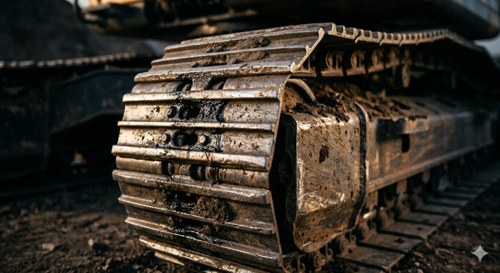 Extreme close-up of heavy excavator steel track links and rollers, visible wear patterns on metal components, grease and mud details, dramatic side lighting highlighting the mechanical texture, sharp industrial photography, dark background with shallow depth of field — no text, no logos