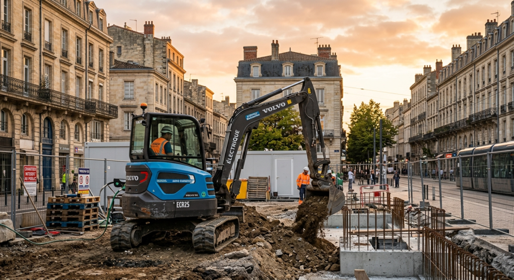 A modern electric excavator working on an urban construction site in France, zero emission, silent operation, city buildings in background, golden hour lighting, photorealistic, professional photography