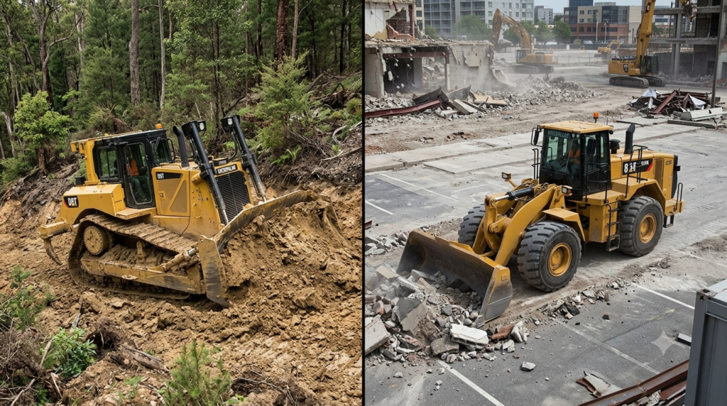 "Wide angle professional photography of powerful tracked bulldozer Caterpillar D8 clearing dense forest vegetation, machine pushing large fallen trees and root systems with full blade load, forest clearing operation showing freshly opened ground beside standing trees, morning light filtering through remaining tree canopy creating dramatic light rays through dust and debris, protective guards visible on machine, photorealistic construction forestry photography, 16:9 ratio, no people visible" `--ar 16:9 --style raw --v 6`