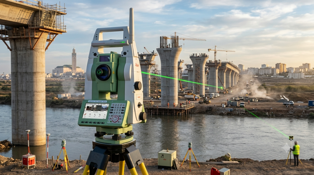 "Professional construction photography of rotating laser level on tripod inside large industrial warehouse under construction, visible laser beam sweeping across space, worker holding laser receiver rod checking floor level in background, concrete floor with fresh screed visible, dramatic industrial lighting mixed with natural daylight from skylights, photorealistic, 16:9 ratio, no face visible"