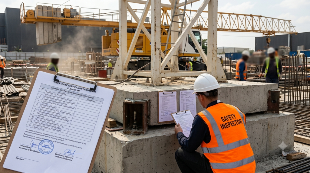 "Professional documentary photography of construction site safety inspector in orange high visibility vest and white hard hat examining tower crane base documentation, clipboard with official verification documents and PUMA plan visible, tower crane mast and foundation in background, serious professional atmosphere, natural daylight, realistic workplace safety photography, 16:9 ratio, no faces fully visible, industrial construction environment" `--ar 16:9 --style raw --v 6`