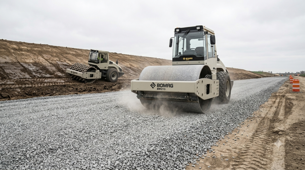 "Wide angle professional photography of large smooth drum vibratory roller Bomag BW213 compacting thick gravel road base layer on highway construction site, second sheepsfoot padfoot roller visible working parallel in background on clay embankment section, dramatic contrast between two machine types and soil materials, dust rising from compaction, overcast sky, realistic heavy construction photography, 16:9 ratio, no people visible, wide establishing shot showing scale of operation" --ar 16:9 --style raw --v 6