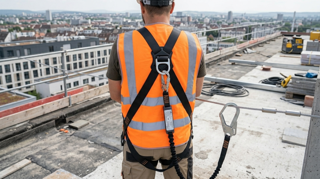 7. Protection auditive sur chantier "Professional construction site photography split composition, left showing worker wearing ear muff defenders clipped to white hard hat while operating jackhammer on concrete, right showing close-up of foam earplugs being rolled between fingers before insertion, both in realistic construction environment, natural daylight, photorealistic, 16:9 ratio, no faces fully visible"