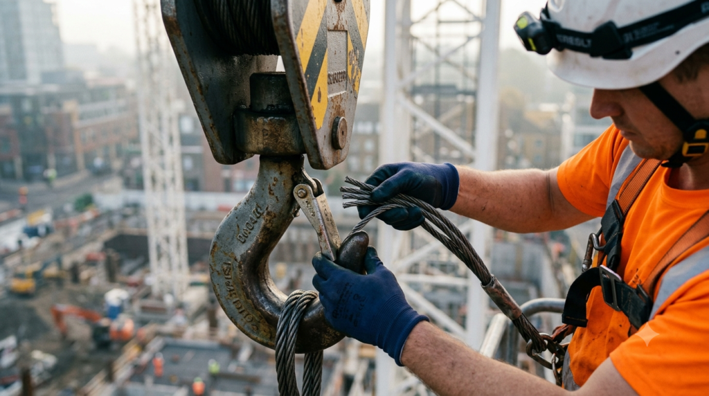 "Professional documentary photography of crane maintenance technician in orange high visibility vest and white hard hat performing detailed inspection of tower crane hook block and steel cable at height, safety harness visible, blurred urban construction site background far below, close up focus on gloved hands examining cable strands and hook safety latch, morning light, photorealistic industrial safety photography, 16:9 ratio, no faces fully visible" `--ar 16:9 --style raw --v 6`