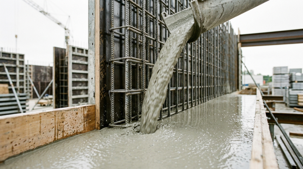"Professional construction photography of self-compacting concrete being poured into densely reinforced wall formwork, fluid grey concrete visibly flowing and self-leveling around closely spaced steel rebar without any vibration equipment present, smooth liquid concrete surface reflecting light, construction site setting, photorealistic close-up showing the distinctive flowing texture of self-compacting concrete, natural daylight, 16:9 ratio, no people visible" `--ar 16:9 --style raw --v 6`