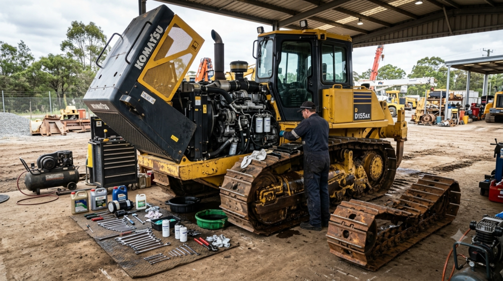 "Professional photography of compact mini bulldozer Caterpillar D4 working in tight residential garden space, machine grading slope beside existing house wall with precision, lush green garden surroundings, narrow access gate visible in background showing how machine fits through confined entry, operator in cab, freshly moved earth showing clean blade work, soft natural daylight, photorealistic, 16:9 ratio, no people on ground visible" `--ar 16:9 --style raw --v 6`