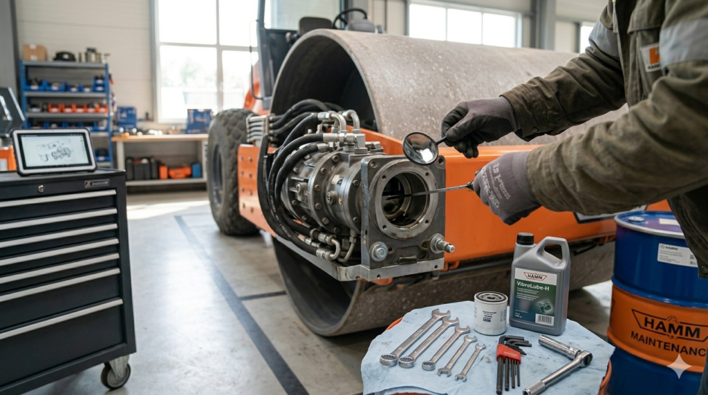 "Professional photography of maintenance technician inspecting drum vibratory roller compactor in workshop, technician's gloved hands checking eccentric vibrator housing and oil level with tools nearby, large smooth drum partially visible, clean organized workshop floor, oil containers and wrenches arranged neatly, natural workshop lighting, photorealistic industrial maintenance photography, 16:9 ratio, no face visible, sharp focus on hands and machine components"