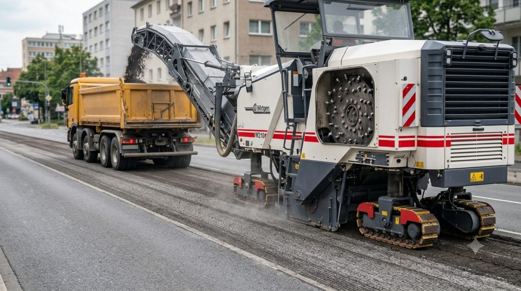 "Professional photography of road marking machine applying fresh white thermoplastic road markings on dark asphalt, machine showing paint spray system and glass bead dispenser in operation, freshly painted solid white line visible behind machine, road construction zone with cones in background, natural daylight, photorealistic road construction photography, 16:9 ratio, operator legs only visible, no face" --ar 16:9 --style raw --v 6