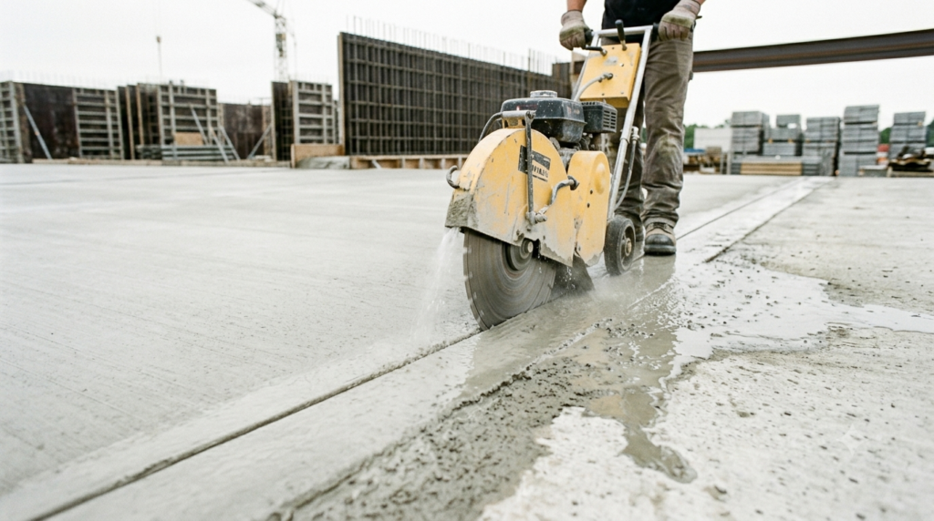 "Professional construction photography of walk-behind concrete saw cutting control joint into fresh grey concrete slab, diamond blade creating clean straight cut line with visible water spray cooling the blade, concrete dust and water mixture along cut path, operator's hands and legs visible on machine handles, outdoor parking lot or warehouse floor setting, natural daylight, photorealistic construction photography, 16:9 ratio, no face visible, sharp focus on blade and fresh joint line" --ar 16:9 --style raw --v 6
