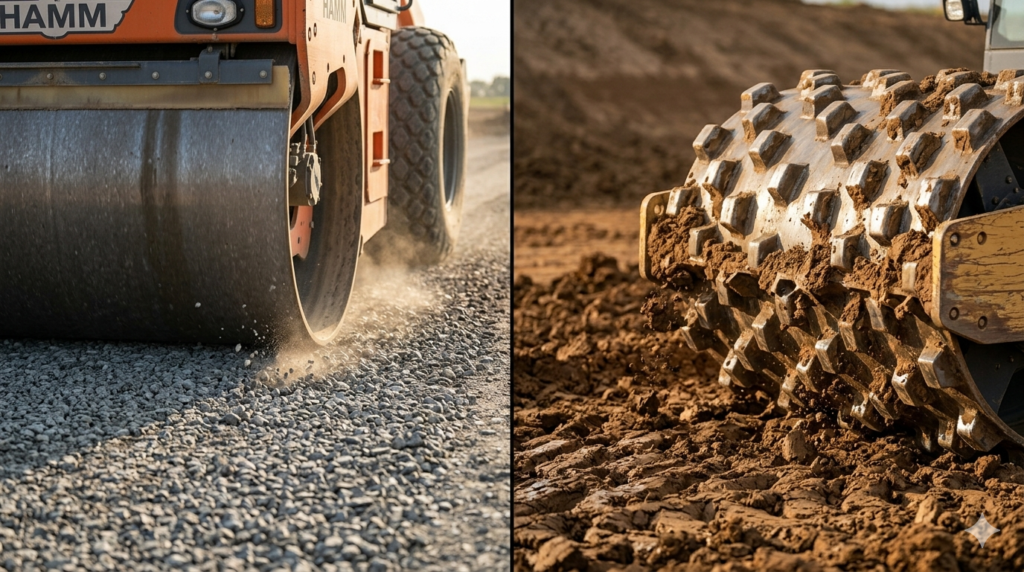 "Side by side professional photography comparison, smooth drum vibratory roller working on grey gravel surface on left, padfoot sheepsfoot roller with metal protrusions compacting brown clay embankment on right, close-up detail showing drum surface textures clearly, dust and soil displacement visible, golden afternoon light, photorealistic heavy equipment photography, 16:9 ratio, no people visible" `--ar 16:9 --style raw --v 6`