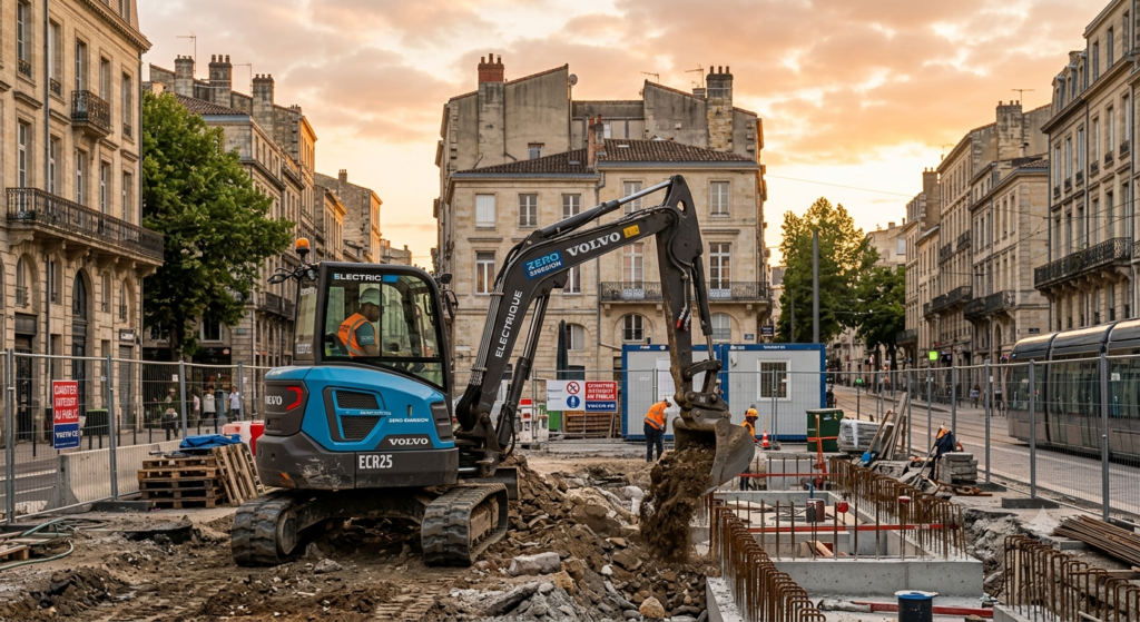 Three hydraulic excavators side by side on a large construction site, Caterpillar yellow, Komatsu yellow, Volvo orange, comparison shot, aerial view, professional photography, photorealistic