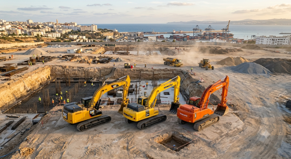 Three hydraulic excavators side by side on a large construction site, Caterpillar yellow, Komatsu yellow, Volvo orange, comparison shot, aerial view, professional photography, photorealistic