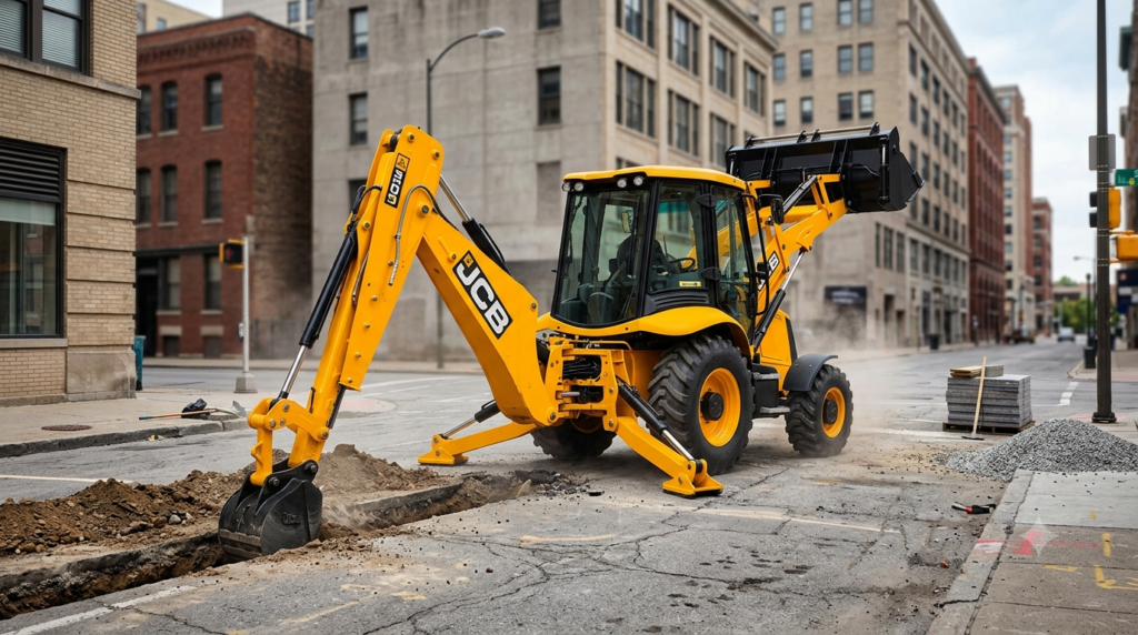 "Professional photography of a JCB 3CX backhoe loader working on urban street excavation, machine stabilizers deployed, rear excavator arm digging narrow trench alongside road curb, front loader bucket raised, bright yellow machine contrasting with grey asphalt, urban environment with buildings in background, natural daylight, realistic construction site atmosphere, slight dust, photorealistic, 16:9 ratio, no people visible" `--ar 16:9 --style raw --v 6`