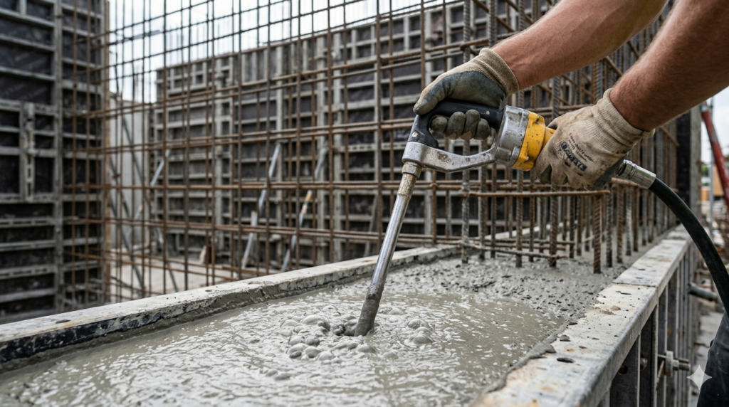"Close-up professional photography of construction worker's hands operating internal vibrator needle inserted into fresh wet concrete during wall formwork pour, visible reinforcement bars in background, concrete surface showing characteristic wet sheen and small bubbles rising during vibration process, natural daylight, realistic construction site photography, 16:9 ratio, hands and tool in sharp focus, no face visible" `--ar 16:9 --style raw --v 6`