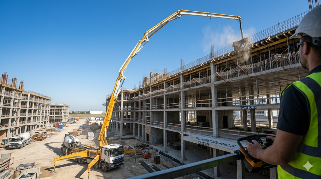 "Professional construction photography of concrete boom pump truck with fully extended articulated arm pouring concrete into building floor slab formwork at height, multi-story building structure under construction, operator controlling remote control unit, blue sky background, dust and concrete texture visible, photorealistic construction site photography, 16:9 ratio, no faces visible, dramatic upward angle showing boom extension" `--ar 16:9 --style raw --v 6`