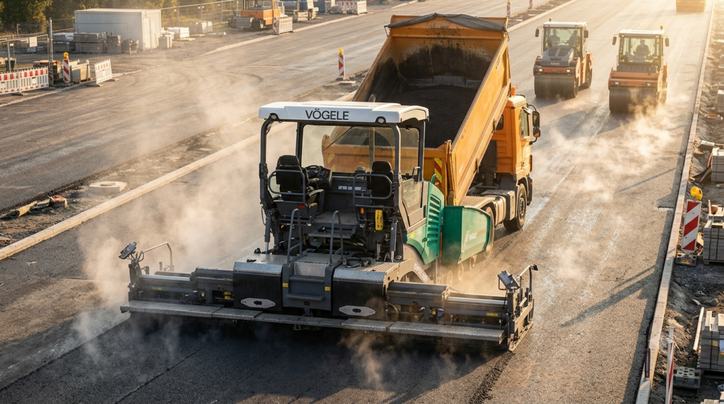 "Professional photography of asphalt paver Vogele Super 1800 laying fresh black hot mix asphalt on road construction site, full machine visible with screed extended, steam rising from fresh asphalt surface, dump truck positioned in front feeding material into hopper, road rollers visible in background beginning compaction, golden afternoon light, photorealistic, 16:9 ratio, no faces visible"