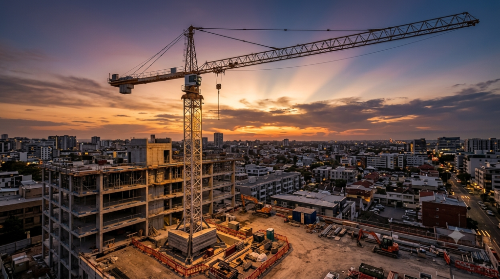 "Dramatic wide angle photography of tall tower crane on urban construction site at golden hour, full crane visible from base foundation to top of jib arm against warm sunset sky, partially constructed concrete building structure beside crane, urban cityscape in background, construction site safety barriers and equipment at base, dramatic upward perspective emphasizing height and scale, photorealistic architectural photography, 16:9 ratio, no people" `--ar 16:9 --style raw --v 6`