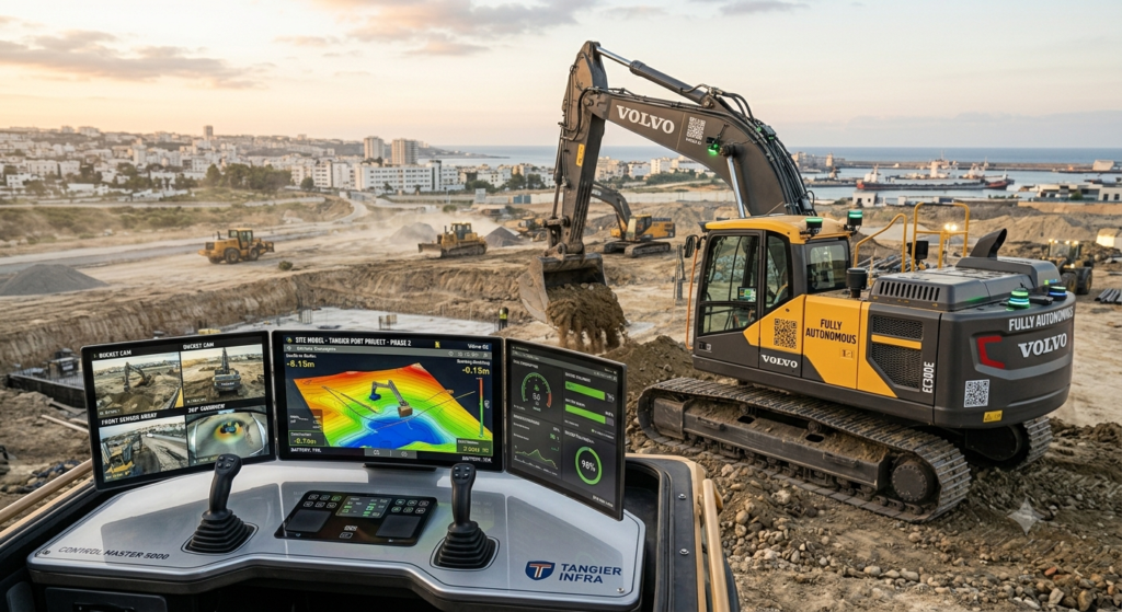 A fully autonomous excavator operating without an operator on a large construction site, remote control station in foreground with screens, futuristic yet realistic, photorealistic, professional photography