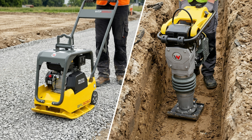 "Split composition professional photography, left side showing plate compactor Wacker Neuson being operated on fresh gravel road base layer on open construction site, right side showing jumping jack rammer compacting cohesive clay soil inside narrow utility trench, contrasting applications clearly visible, construction workers safety boots and legs only visible operating each machine, natural daylight, realistic construction site photography, 16:9 ratio, photorealistic" --ar 16:9 --style raw --v 6