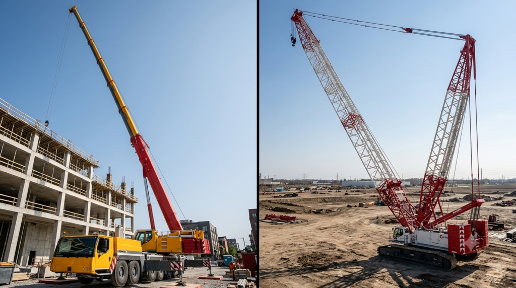 "Split composition professional photography, left side showing telescopic boom crane Liebherr LTM extended full length against blue sky on urban construction site, right side showing lattice boom crawler crane Manitowoc with full truss boom assembly on industrial site, dramatic upward angle emphasizing height and structural differences between two boom types, sharp detail on steel structures, photorealistic construction equipment photography, 16:9 ratio, natural daylight, no people" `--ar 16:9 --style raw --v 6`