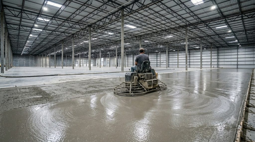 "Professional construction photography of ride-on power trowel machine finishing large industrial concrete floor slab, dual rotor blades creating smooth polished surface texture, operator seated on machine working across vast warehouse interior, contrast between freshly trowled smooth area and rougher untreated concrete in background, industrial lighting, photorealistic construction photography, 16:9 ratio, no face visible, wide shot showing scale of floor" `--ar 16:9 --style raw --v 6`