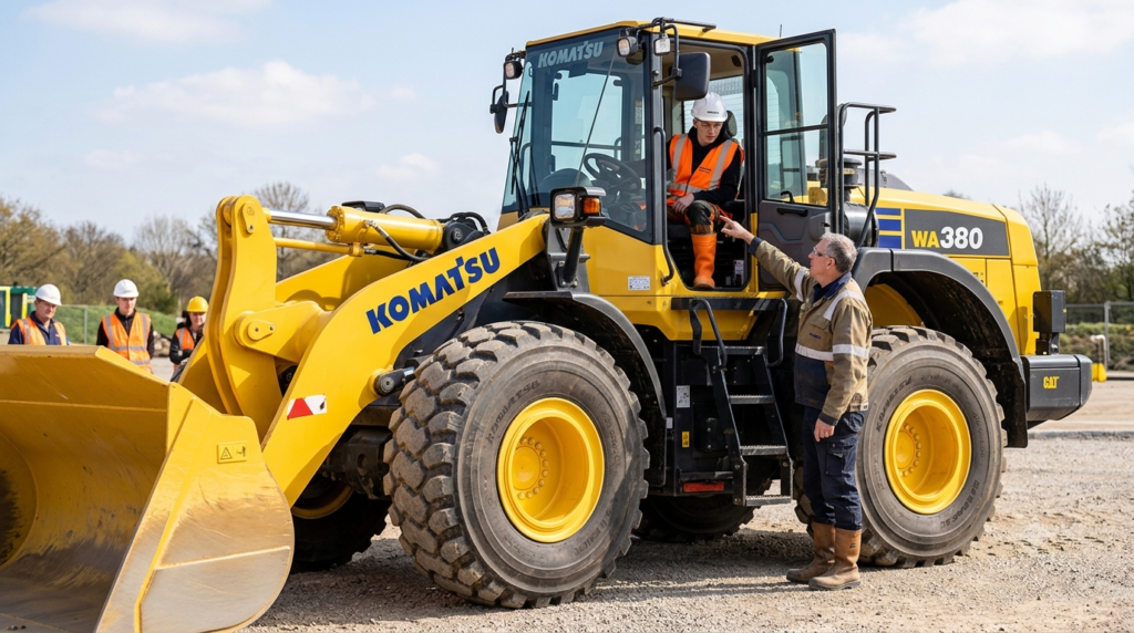 "Professional photography of a construction equipment training session outdoors, experienced instructor standing beside a large yellow wheel loader Komatsu WA380 explaining controls to a young operator in full safety gear, orange high visibility vest, white hard hat, safety boots, sunny day on a dedicated training ground with compacted gravel surface, realistic documentary photography style, 16:9 ratio, natural daylight, authentic atmosphere" `--ar 16:9 --style raw --v 6`