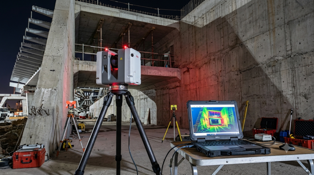 "Professional technical photography of surveyor's hands placing a precision geodetic benchmark brass marker into concrete foundation, IGN reference point visible with engraved coordinates, surveying tripod and total station in soft focus background, natural daylight, realistic field surveying photography, 16:9 ratio, no face visible, sharp focus on benchmark marker"